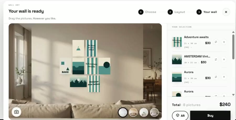 Tercer paso del Composer: la pared montada sobre la foto de un salón, con el total y los botones de AR y comprar