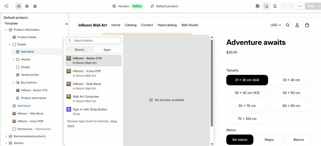 El diálogo de añadir bloque, pestaña Apps, con los cuatro bloques de InRoom