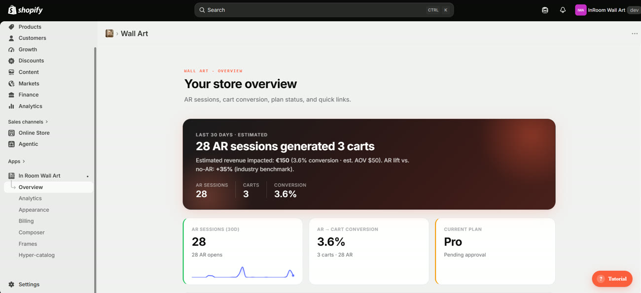 El panel de InRoom Wall Art dentro del admin de Shopify, con el botón de Tutorial abajo a la derecha